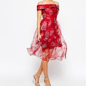 CHI CHI LONDON Red Off Shoulder Organza Midi Dress Party Cocktail Size 4